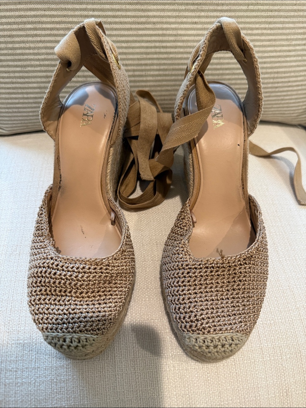 Zara Beige Crochet Espadrille Wedge with Ankle Tie